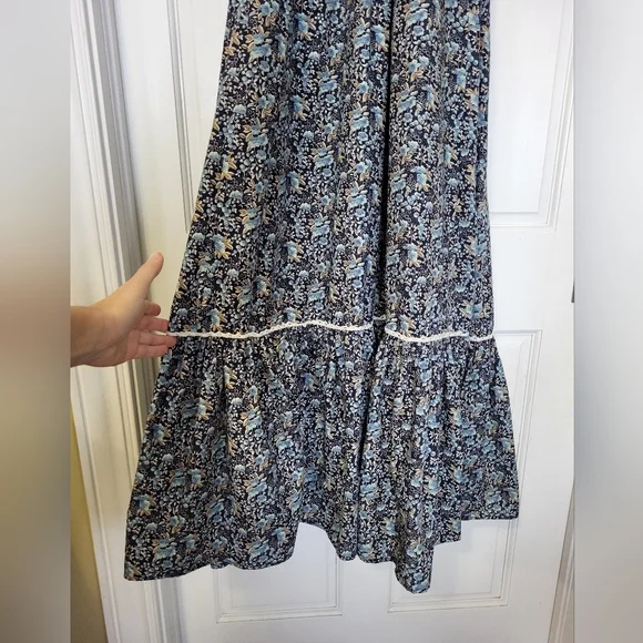 Phase II Vintage 70's Blue Calico Floral Prairie Cottage Boho Maxi Dress Size 11